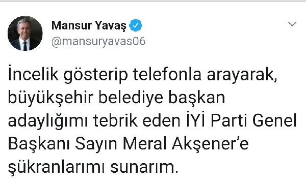 Akşener, Mansur Yavaş’ı Telefonla Arayıp Tebrik Etti