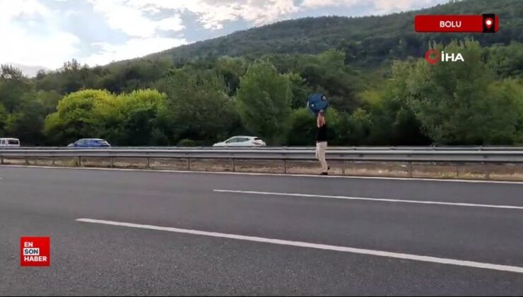 Bolu’da canını hiçe sayarak, trafiği tehlikeye düşüren varili yolun dışına attı